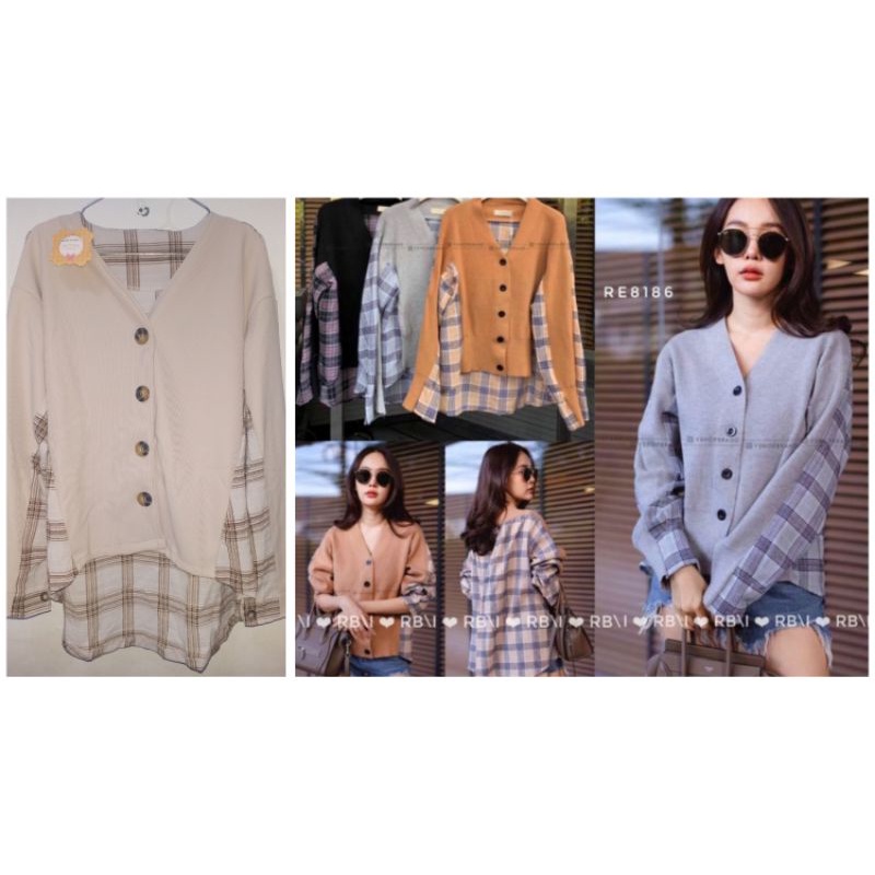 Kemeja Nagita Bahan Rajut Kombinasi Crinkle Motif Kotak (Cream)