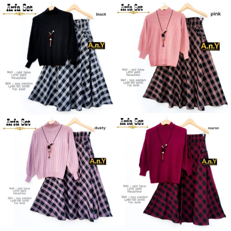 SET SWEATER RAJUT PREMIUM TEBAL + ROK ZARA MOTIF KOTAK-KOTAK ARFA SET BY A.N.Y