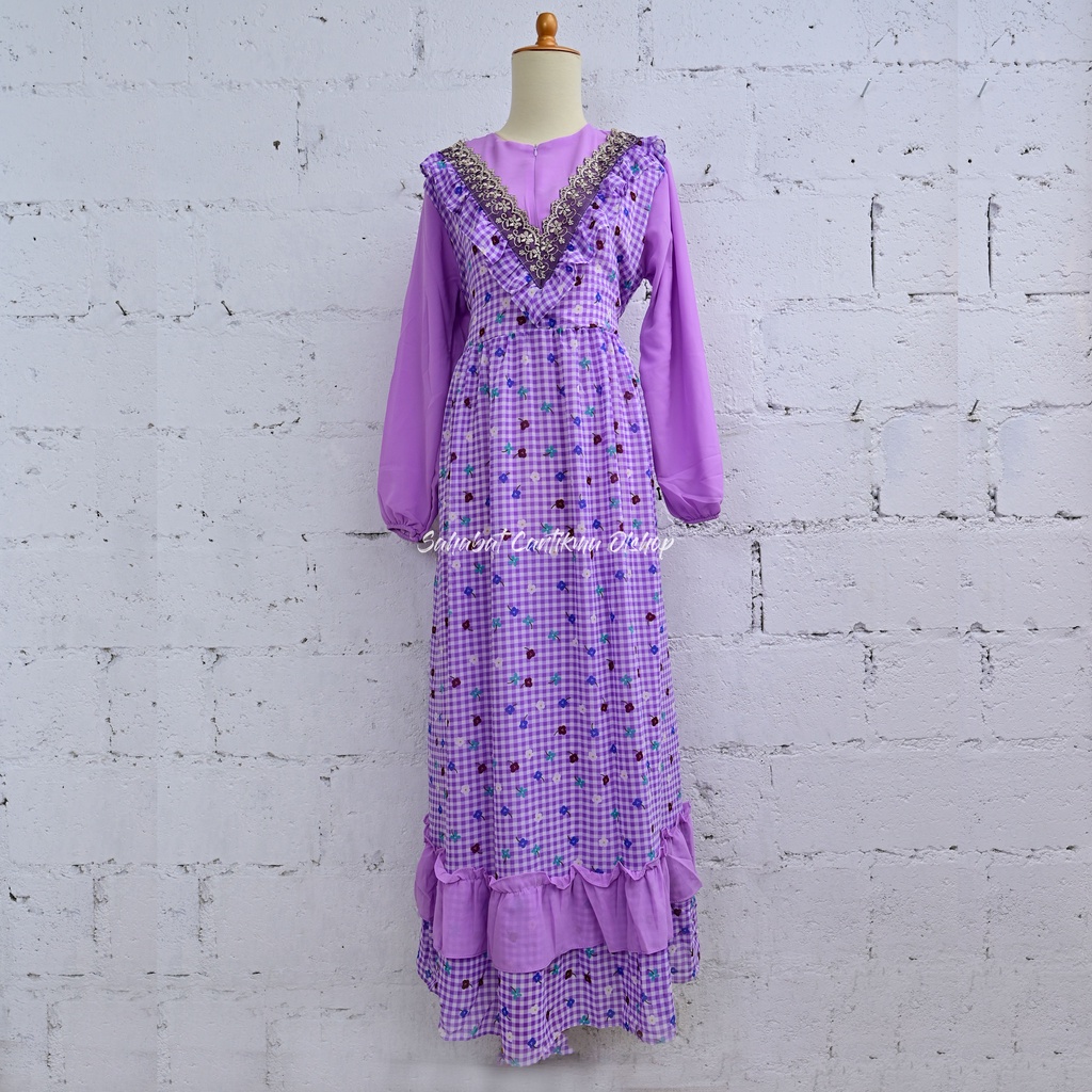 Gamis Remaja Dress Busui Bahan Cerutty Motif Bunga Daisy Double Rempel Renda Dada