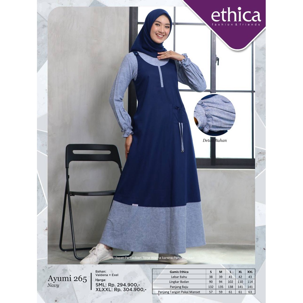 GAMIS AYUMI 265 NAVY BAHAN VALDENA + EXEL / GAMIS MUSLIMAH DEWASA TERBARU BY ETHICA / GAMIS DEWASA K
