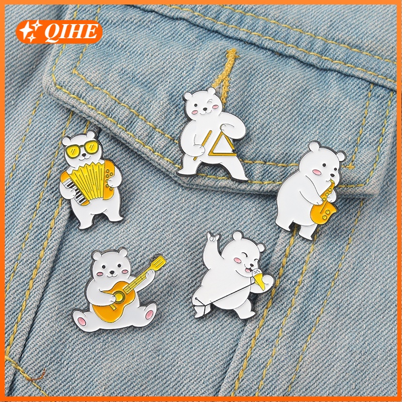 White Bear Animal Cartoon Bear Musical Instrument Enamel Lapel Pins Badge Brooches Jewelry for Backpack Girls Women Clothes