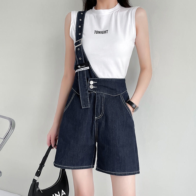 Musim panas bagian tipis denim putih overall one-shoulder wanita musim panas hot girl net merah keci