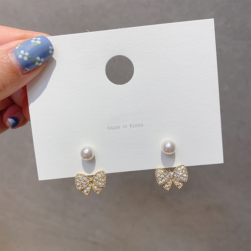 Korean temperament diamond-studded bow fashion pearl stud earrings