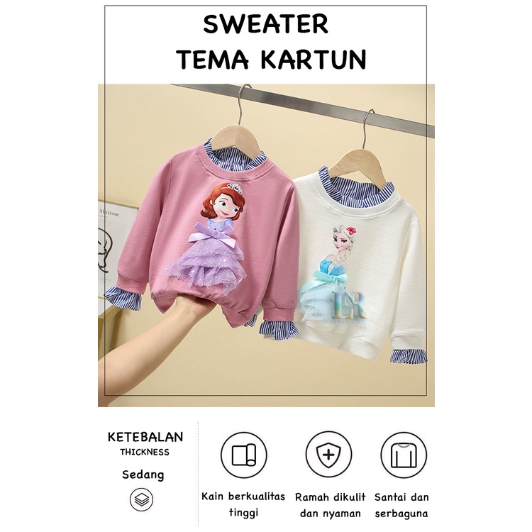 Sweater Casual Anak Perempuan Import Outerwear Kardigan Baju Jaket Hoodie Motif Kartun Anime Disney Frozen Elsa  Ariel Duyung Sophia The First Musim Dingin Hangat