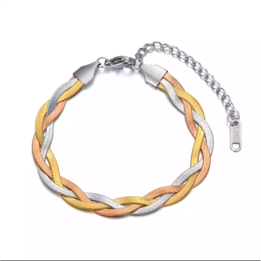 Gelang Titanium Rajut Belut Gepeng Motif Kombinasi Warna Resegold Gold Silver