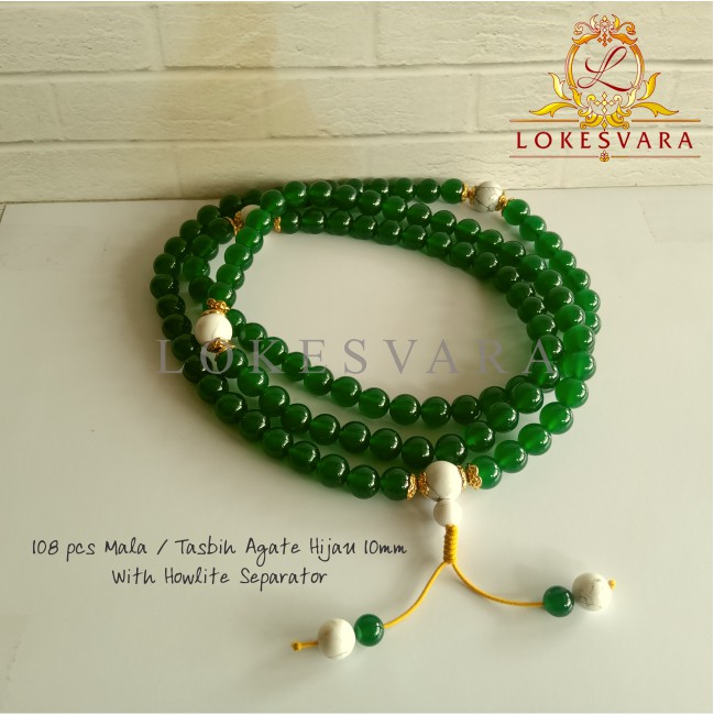 Mala Tasbih Buddha Batu Kristal Agate Hijau With Howlite