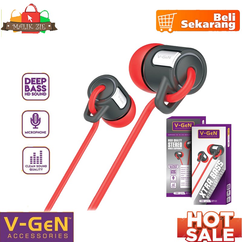 HANDSFREE HEADSET VGEN V-GEN ORIGINAL EXTRA BASS WIRED EARPHONE VEP1-01 EARBUD