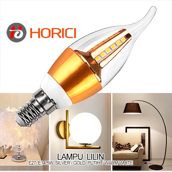 Horici Asli Lampu Lilin 5 Watt Hias Variasi Led Bohlam Candle 600 Lumen Fitting E27 Dan E14 Putih Kuning