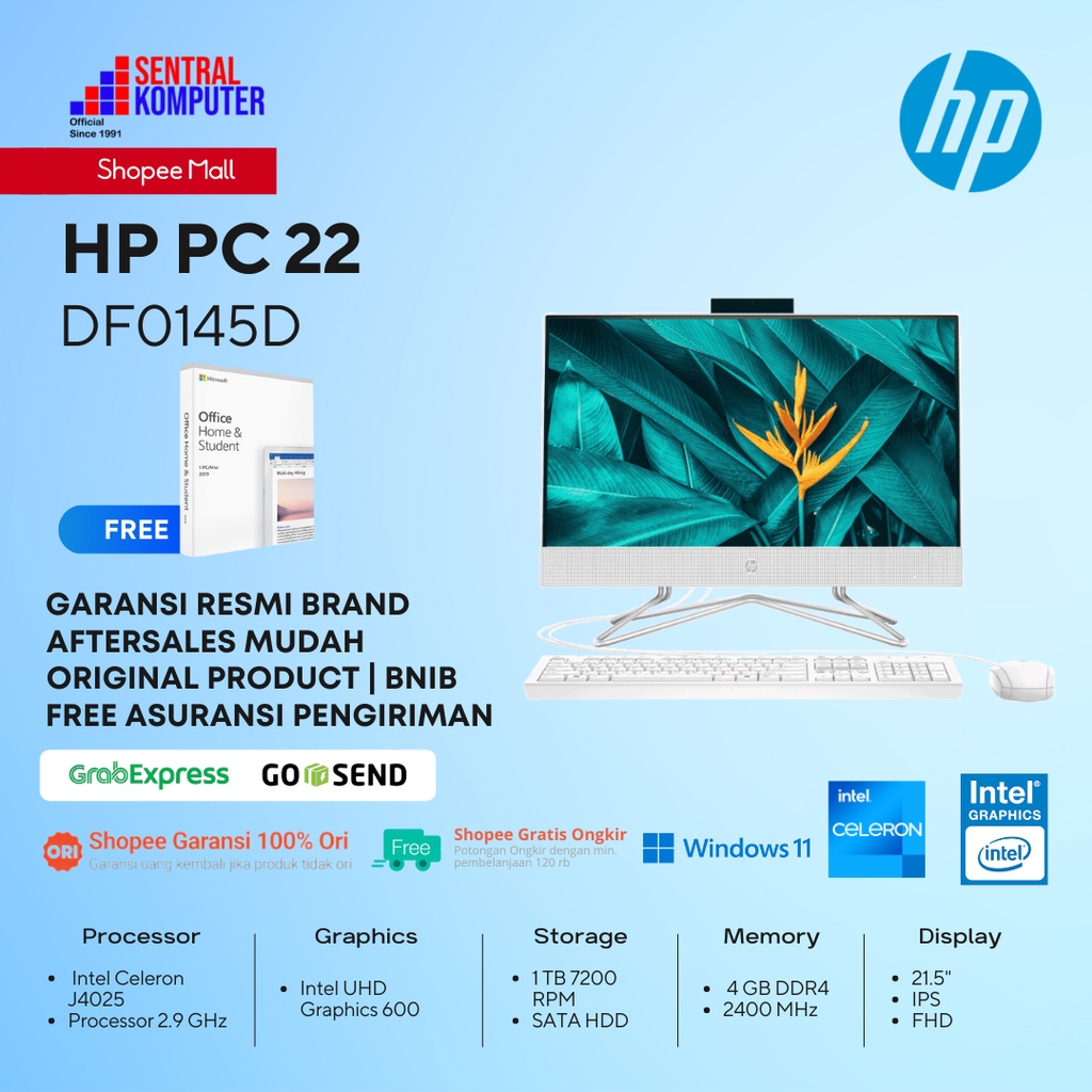 HP PC 22-df0145d AiO Celeron J4025-4GB-1TB HDD-Win 11 - OHS