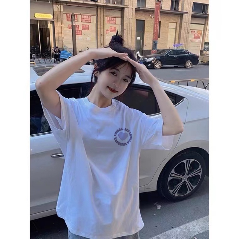 EUNII T-shirt Lengan Pendek Retro Berbentuk Hati Pencetakan Longgar Korean Style/Kaos Atasan Wanita/Baju Kaus Oversize Wanita