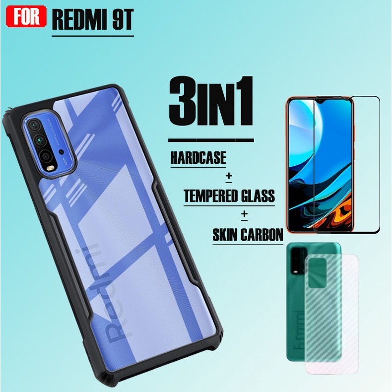 Paket 3 in 1 Xiaomi Redmi 9T Hardcase Transparant + Anti Gores Kaca Full Cover + Garskin Carbon
