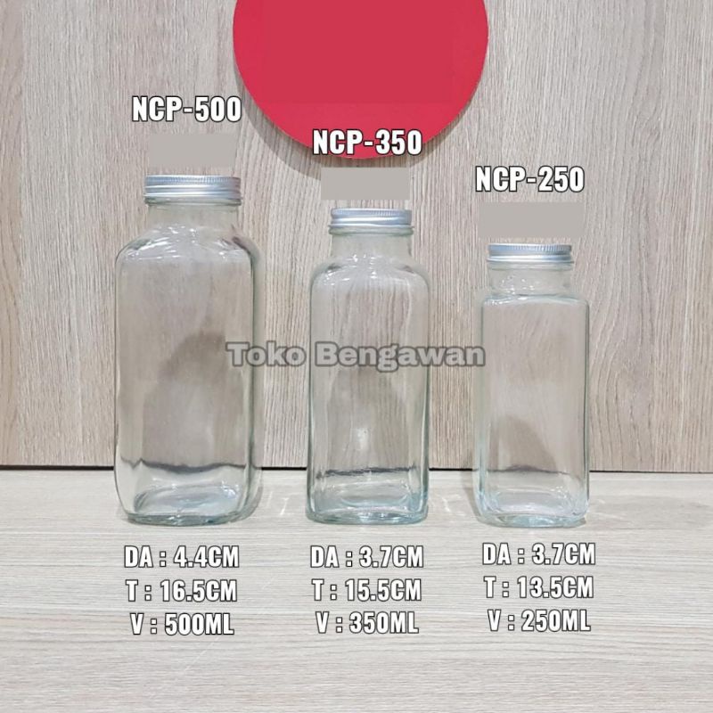 BOTOL KACA SEGI SQUARE +TUTUP [NCP] Botol Jus/Kopi/Coklat 250,350,500 ml