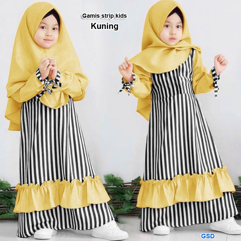 Gamis strip kids/maxi dress muslim anak/gamis+bergo instan/baju muslim anak stripe murah