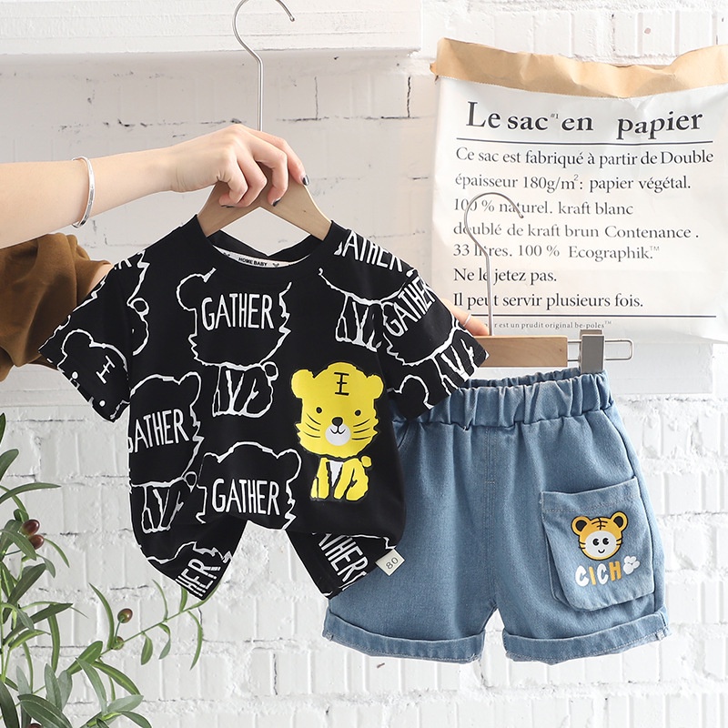 Setelan Anak Laki Laki GATHER Summer Set 2in1 Baju Anak kaos dan celana denim Korean Style Import