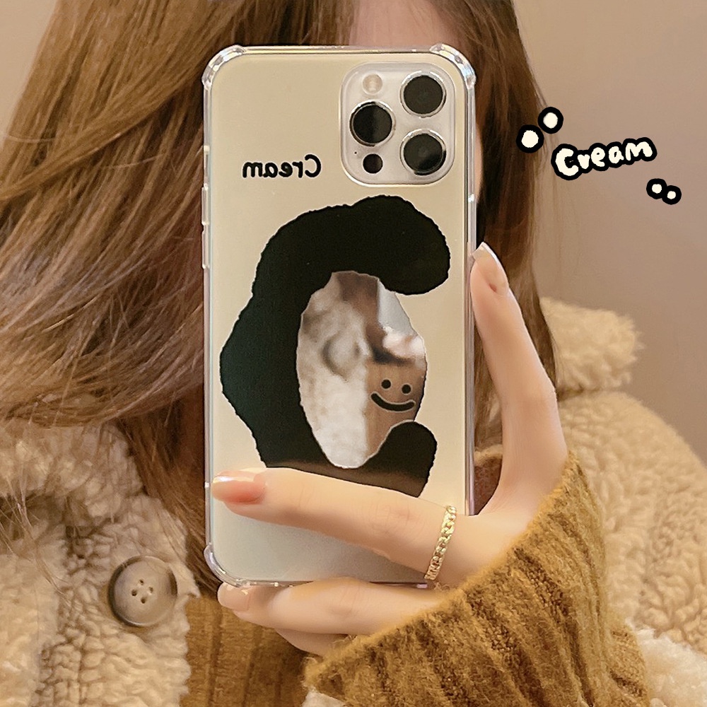 IPHONE Cream Smile Face Mirror Phone Case Penutup Belakang Tahan Guncangan Untuk Iphone7 8 PLUS X XR XS 11 12 13 14 MINI PRO MAX SE 2020