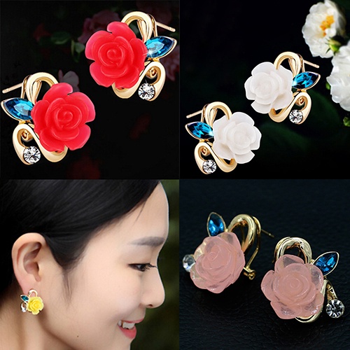 Anting Stud Desain Bunga Mawar Bahan Resin Aksen Berlian Imitasi Untuk Wanita