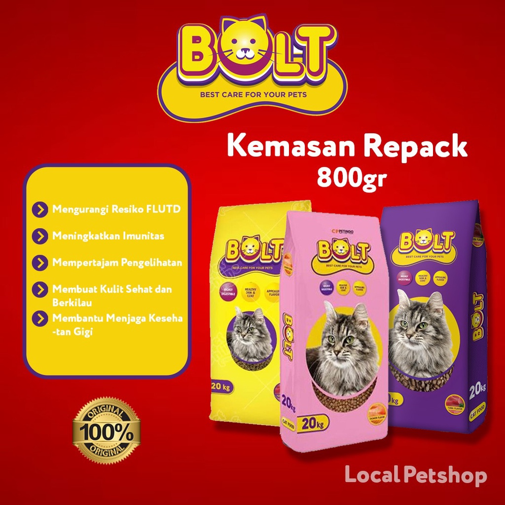 BOLT Makanan Kucing Repack Dry Cat Food Murah Kemasan KG rasa Tuna Salmon original PROMO ungu kuning