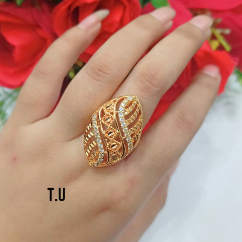 Cincin dewasa dubay permata ukir logam emas Hongkong, gaya bangsawan super elegan (COD)