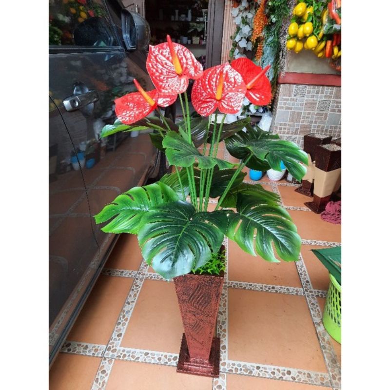 pohon artificial daun keladi latex berikut pot kayu/dekorasi home /pohon tinggi plastik /bunga sudut