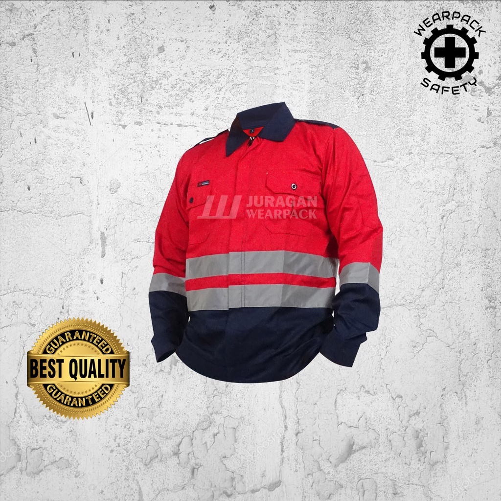 Wearpack Kerja Atasan / Baju Wearpack Safety Merah Kombinasi Biru Navy