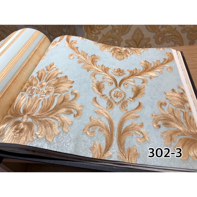 Wallpaper Dinding Klasik Biru Muda Gold Mewah