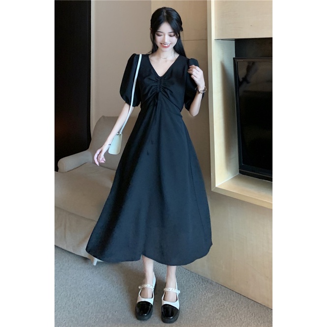 pakaian wanita korea daster kerut dada COD 2022 New Fashion Korean Style Short Sleeve Drawstring V Neck Midi Dress polos for Women Summer Black Blue solid color A-Line Casual Dresses wanita 2023 korea sexy murah