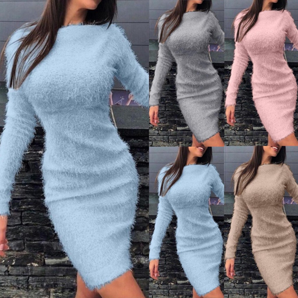 Women Autumn Solid Color Long Sleeve Sweater Fluffy Kee-length Bodycon Dress European style fashion