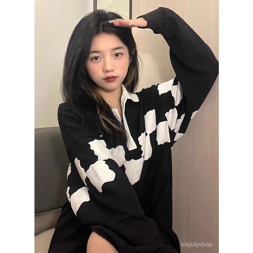 Musim Gugur dan Musim Dingin Lengan Panjang T-shirt 2022 Versi Korea Pasangan Hip-Hop Hitam dan Puti