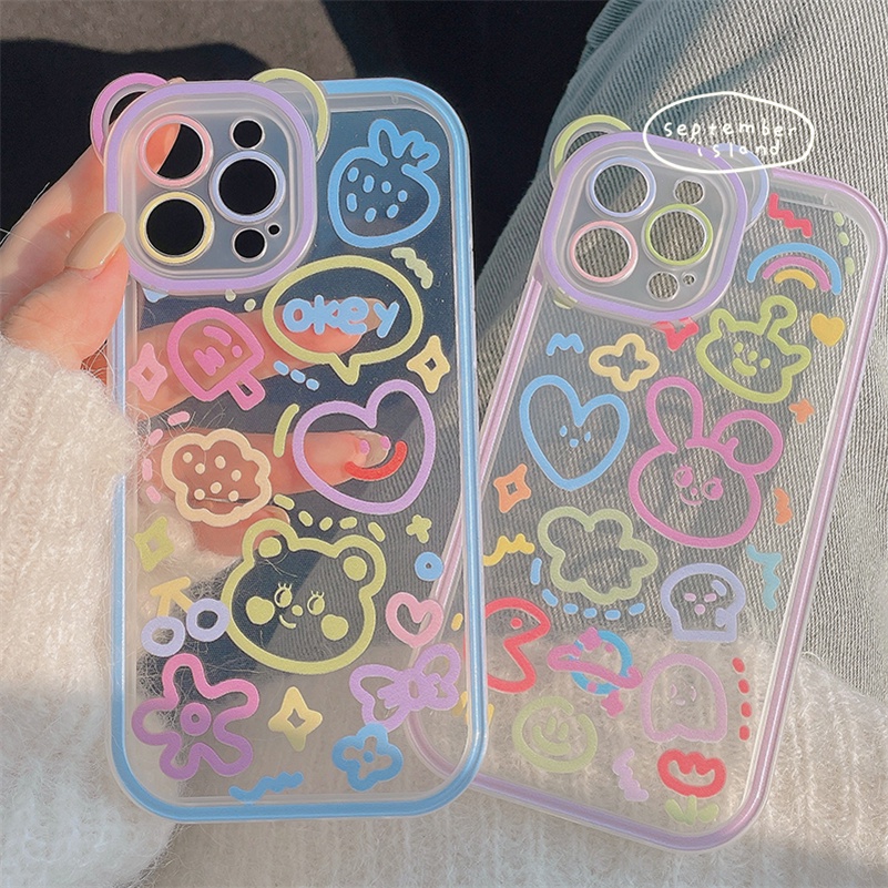 Soft Case Silikon Transparan Motif Graffiti Untuk Compatible for iPhone 14 13 12 11 Pro Max X Xr Xs Max iPhone 8 7 6 6s Plus SE 2020 Cute Graffiti Clear Phone Case Soft Silicone Shockproof Transparent Soft Case Protective Cover