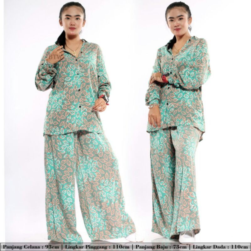 Setelan Batik Cap Lengan Panjang Celana Kulot