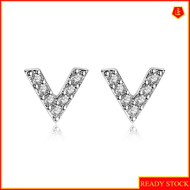 [Ready Stock]Creative Elegant Mini Diamond Letters V-Shaped Stud Earrings