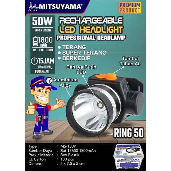 COD SENTER KEPALA RECHARGEABLE LED HEADLIGHT MITSUYAMA 50 WATT MS-183P CAHAYA PUTIH