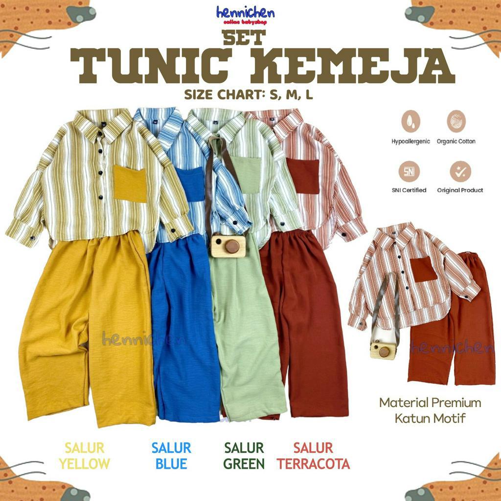 SET TUNIC KEMEJA SETELAN BAJU TUNIK KEMEJA ANAK UNISEX BAJU ANAK MOTIF SALUR UNISEX PNP