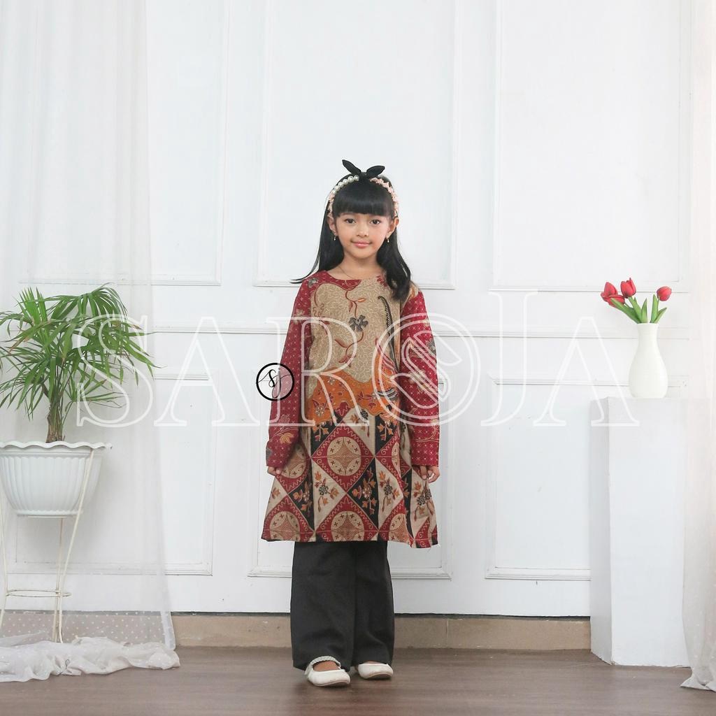SAROJA | Couple Tunik Keluarga Alisa Merah | Couple Tunik Batik | Couple Tunik Pasangan | Couple Tunik Ibu Anak Perempuan | Dress Lengan Panjang