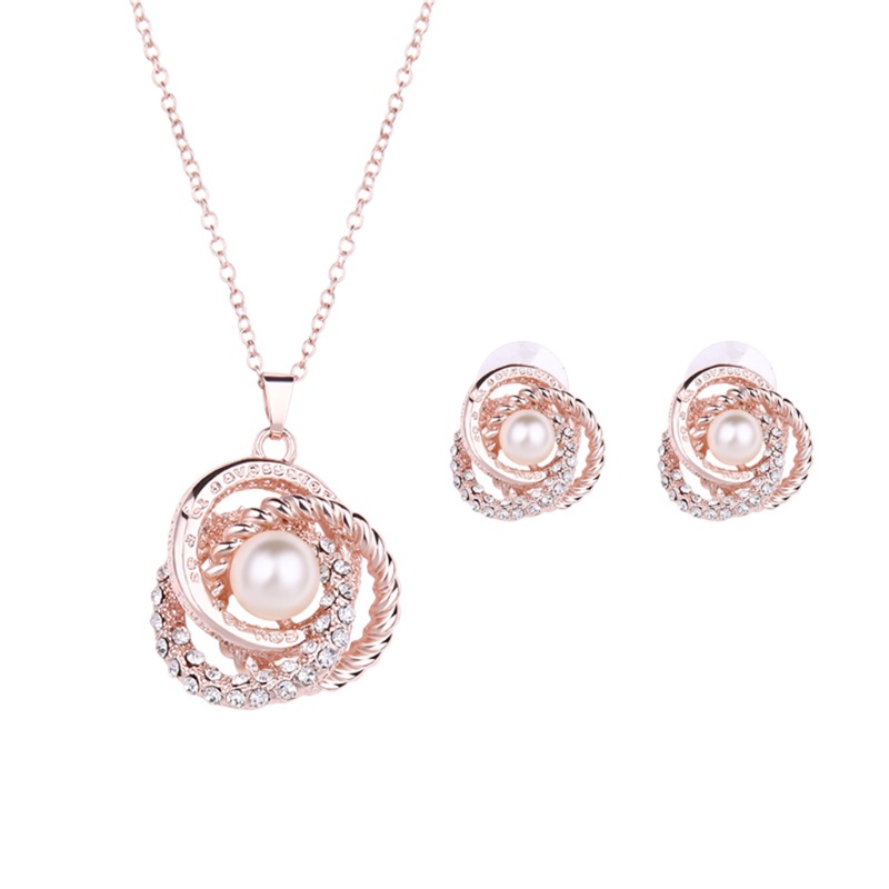 SIY  Women Jewelry Set Gorgeous Rhinestone Faux Pearl Pendant Necklace Stud Earrings