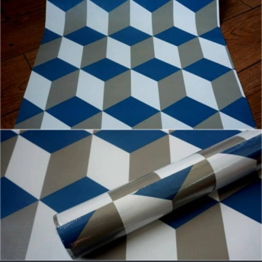 Wallpaper Dinding Motif Kotak Kubus Biru Tua 3D Ukuran 10 Meter X 45 Cm