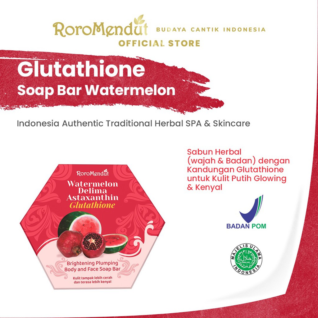 

Roro Mendut Watermelon Delima Astaxanthin Gluthathione Brightening Plumping Body and Face Soap Bar