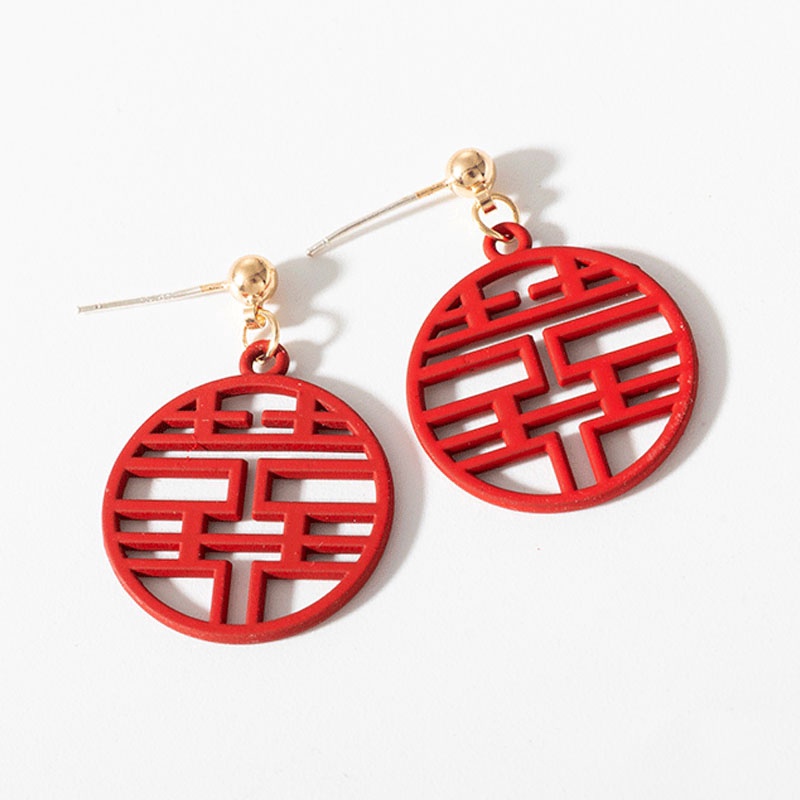 Anting Karakter Zodiak Karakter Cina Warna Merah Model Hollow Gaya Korea