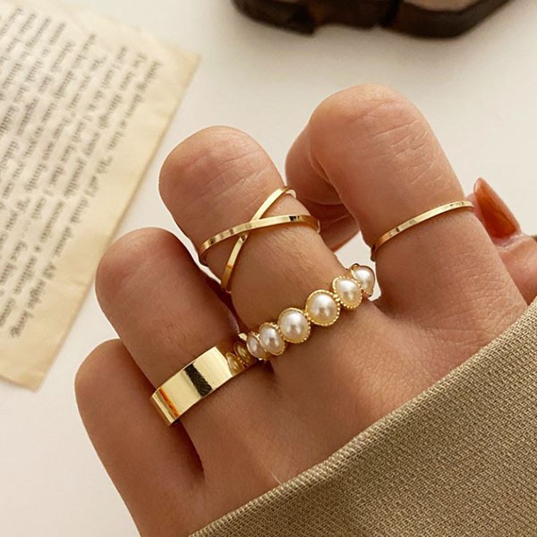 cincin set 4pcs pearl cross set rings jci070 (1H1)