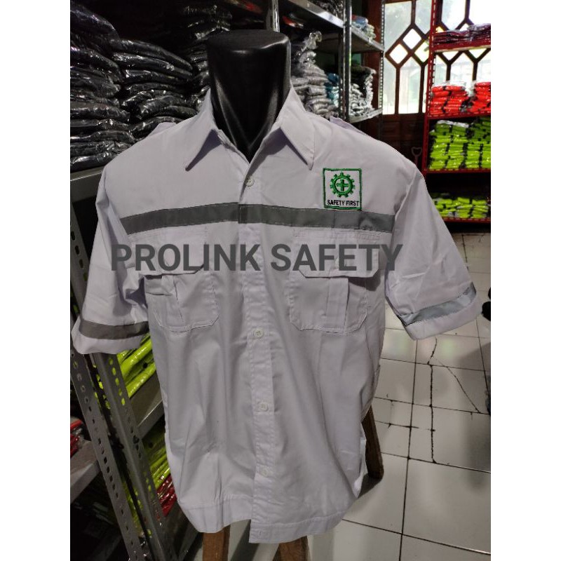 LENGAN PENDEK PUTIH KANCING SERAGAM BAJU SAFETY BERLOGO
