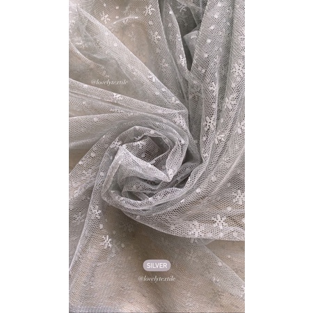 Kain Tile Salju Bintang Tille Dot TULLE SNOW FLAKES Kain Kebaya Brokat Tile-Silver
