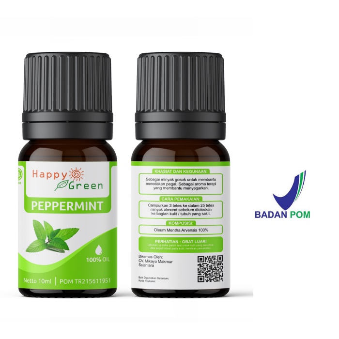 BPOM Happy Green Peppermint Essential Oil  - Minyak Mint 100% Pure Murni Garansi Uang Kembali