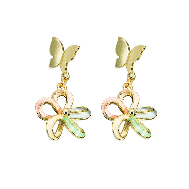 LRC Anting Tusuk Fashion Golden Sunflower Butterfly Oil Drop Alloy Earrings K69829