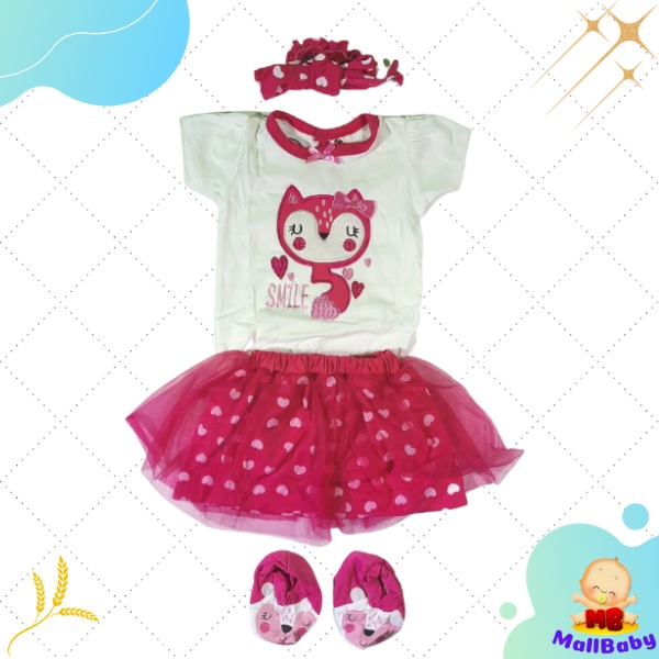 Baju Bayi Perempuan 0 3 6 9 12 Bulan Setelan Jumper Set Rok Bandana Bayi Lucu FOx Smile