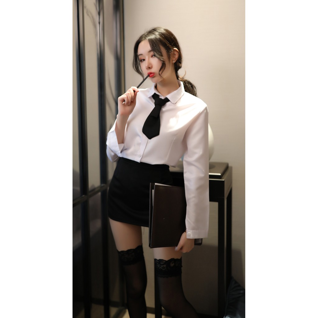 Satu Set Lingerie Bertema Cosplay Sekretaris Profesional Sexy Idaman Pria Kemeja Putih Berdasi Mini