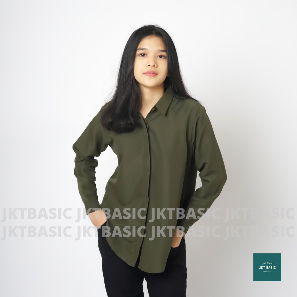 Kemeja Wanita Kasual Lengan Panjang Oversize Hijau Army