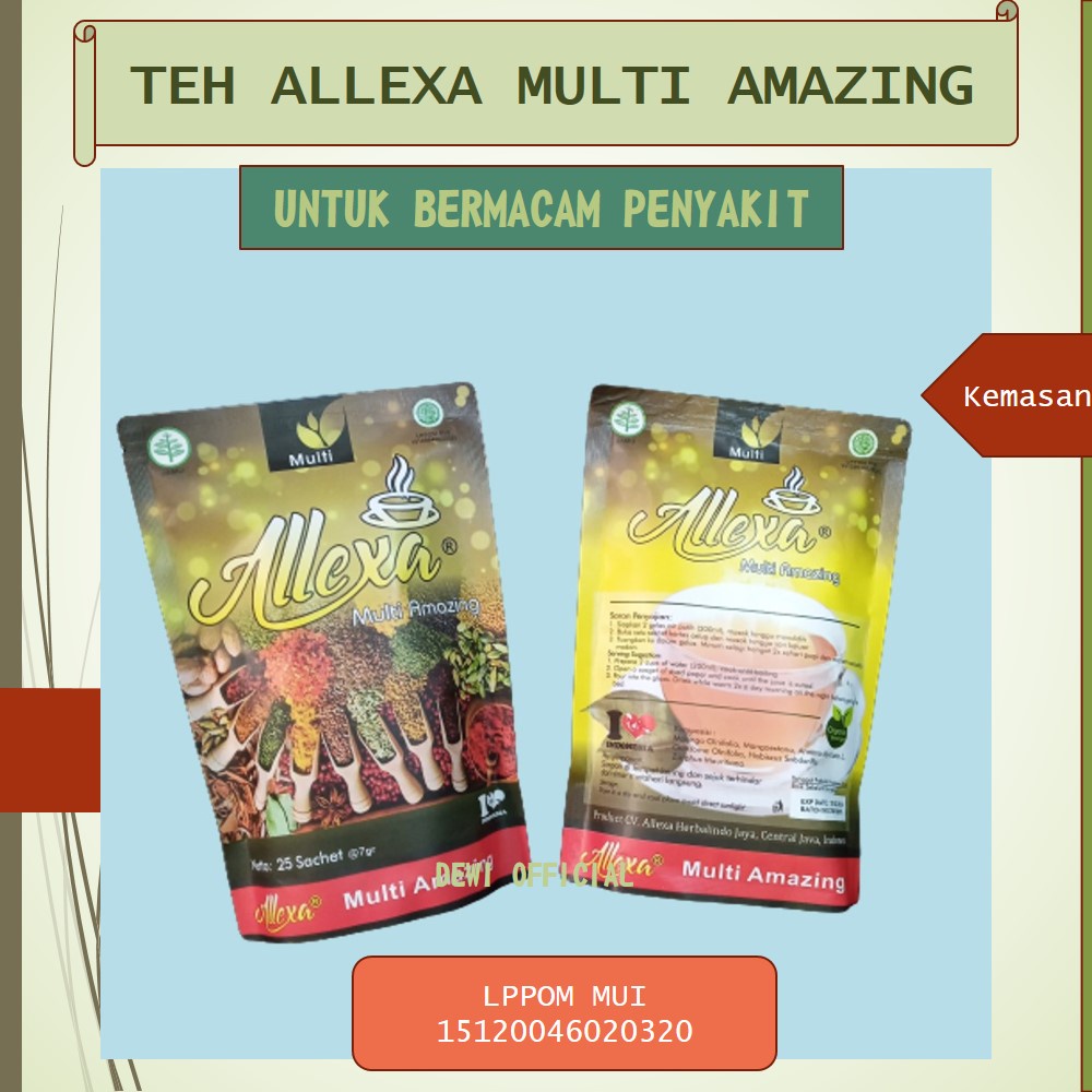 

Multi Amazing Teh ALLEXA Minuman Herbal Teh Herbal Untuk Solusi Bermacam Penyakit Seperti Asma, Gagal Ginja, Stroke, Maag, Darah Tinggi, Dll Aman Untuk Pria Wanita Busui Anak Bpom Dan Halal 25 sachet