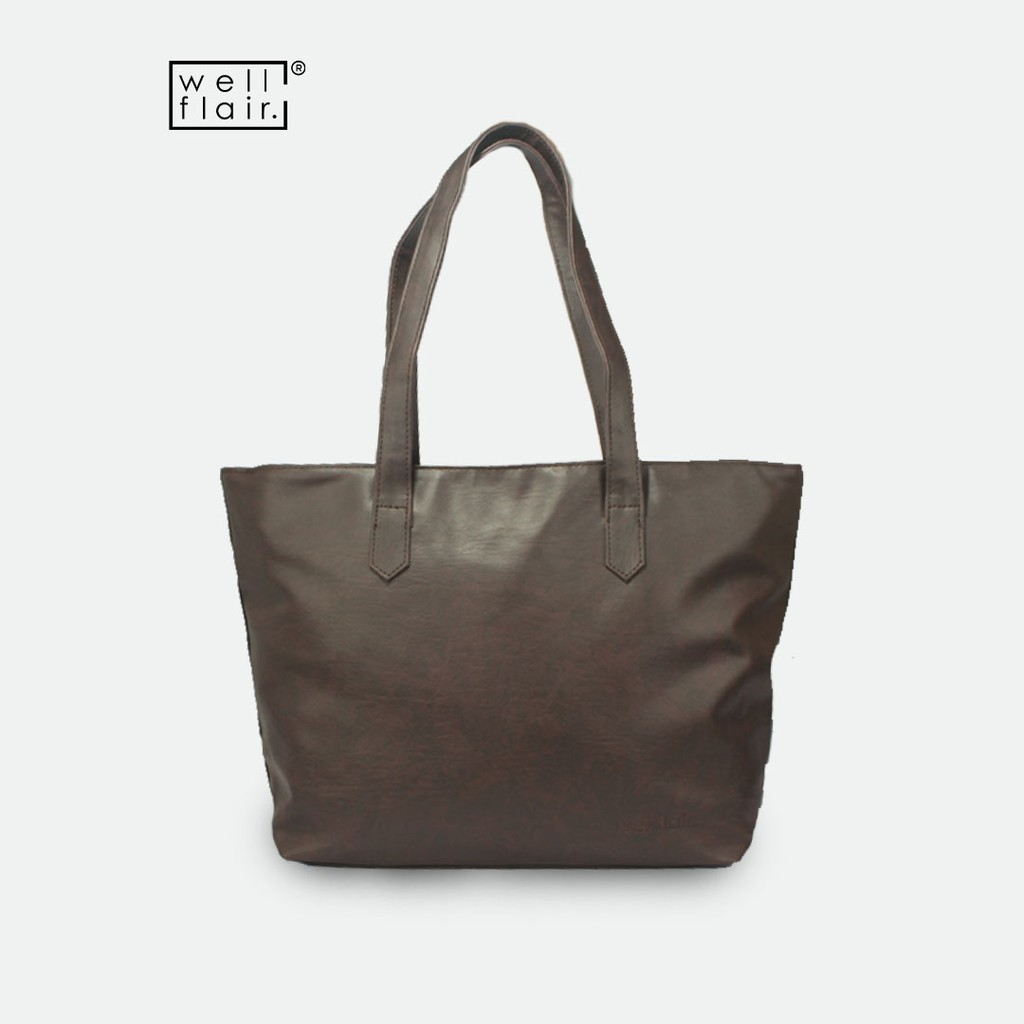 WELLFLAIR - Tote Bag Kulit Wanita Resleting - Tas Bahu Jinjing Laptop Cewek - ToteBag Simple Vintage