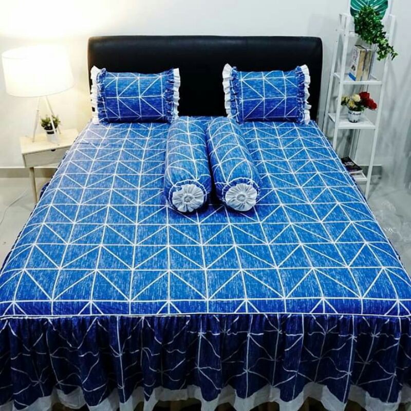 Sprei katun rumbai motif garis ukuran 100x200-200x200