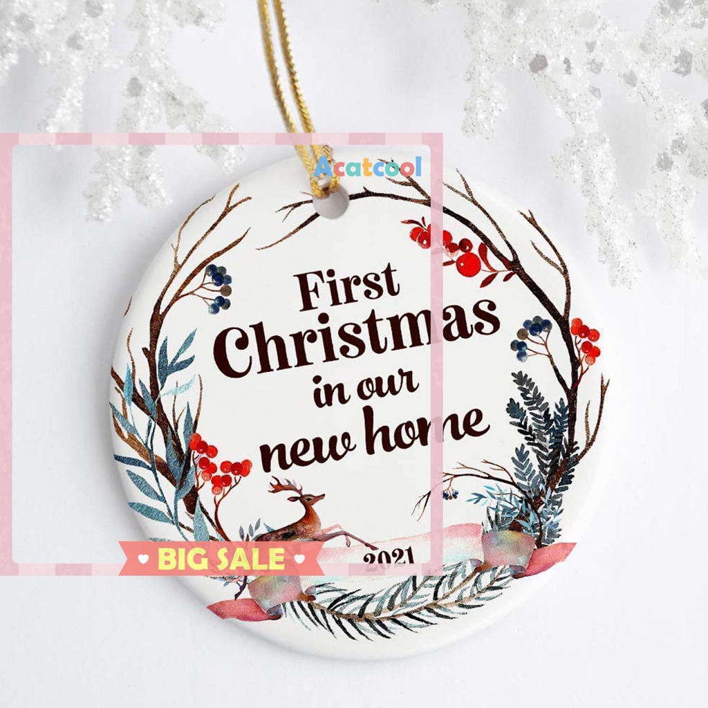 Christmas Acrylic Round Ornament Xmas Tree Hanging Pendant with Red Rope